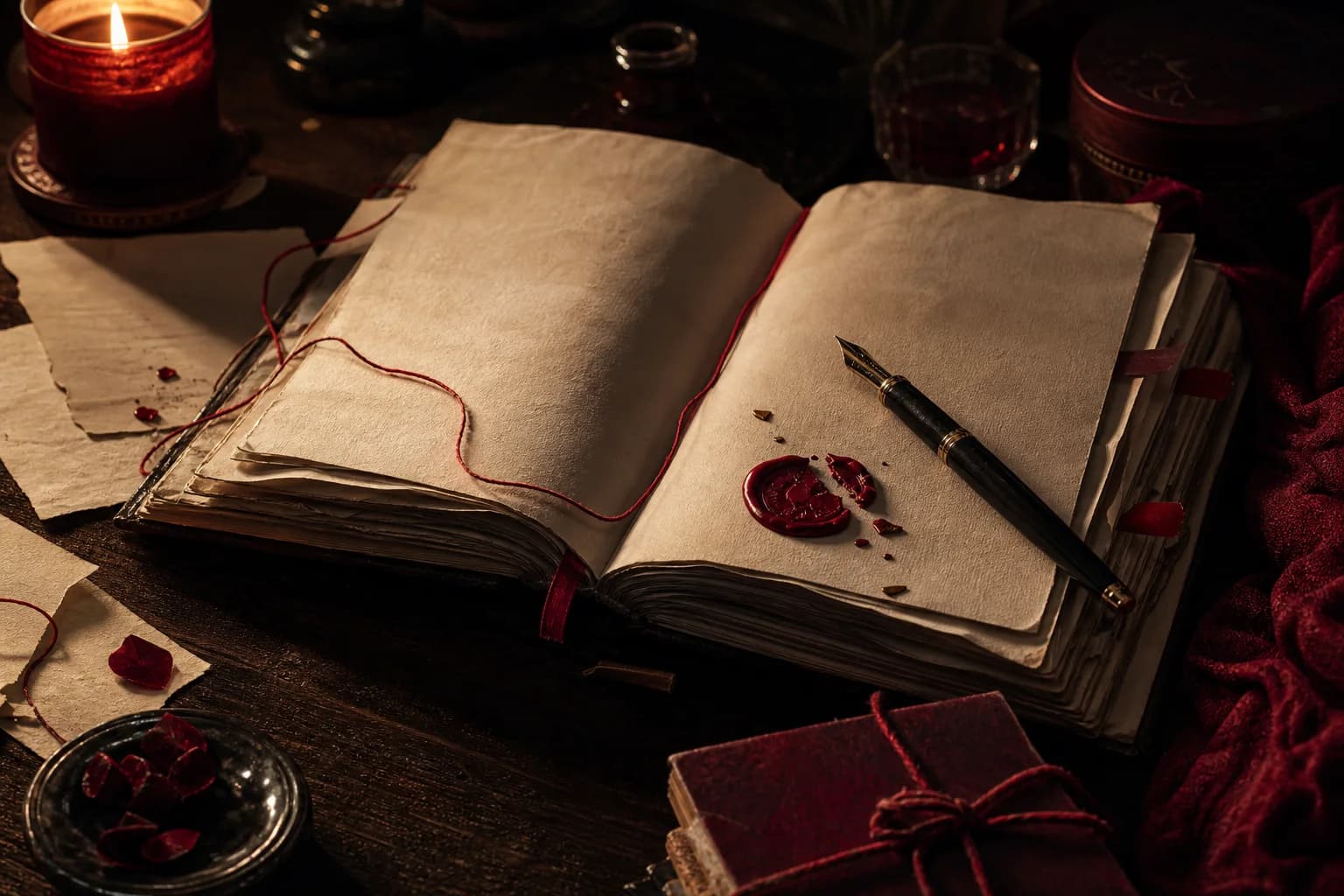 An open manuscript with red thread, notes, and candlelight on a midnight writing desk.