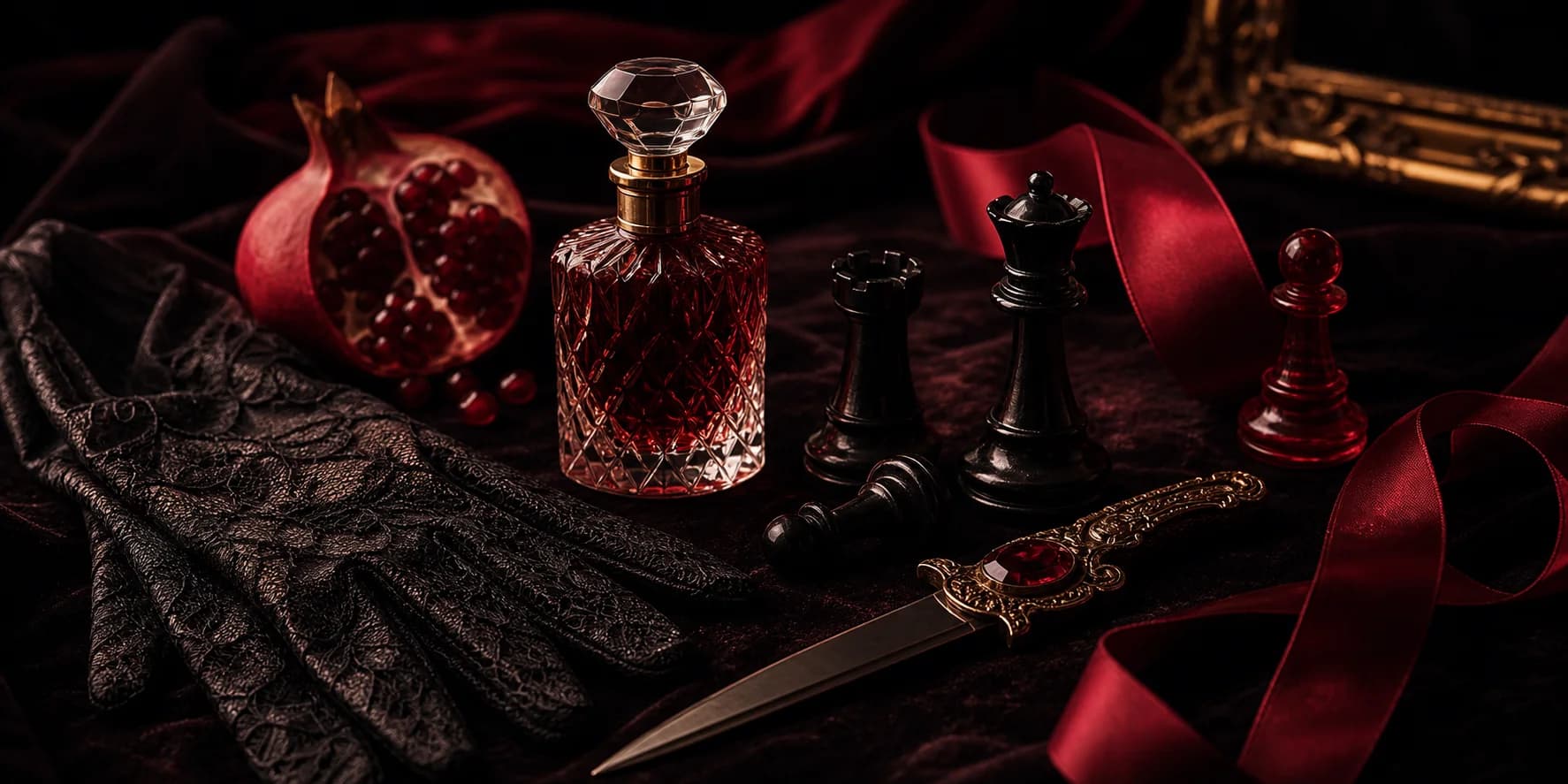 A moody still life of perfume, chess pieces, black lace, and a pomegranate on dark velvet.