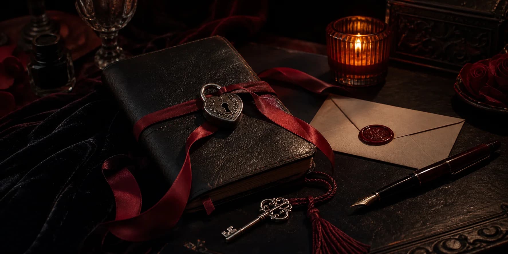 A locked journal tied with a crimson ribbon on a dark candlelit desk.